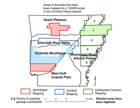Areas in Arkansas that have been mapped at a 1:24,000 scale or are currently being mapped