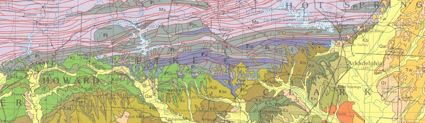 Part of the geologic map of Arkansas with Howard, Pike, Clark and Hot Spring County